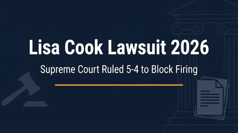 Lisa Cook lawsuit 2026 banner showing Supreme Court 5-4 ruling blocking Fed firing