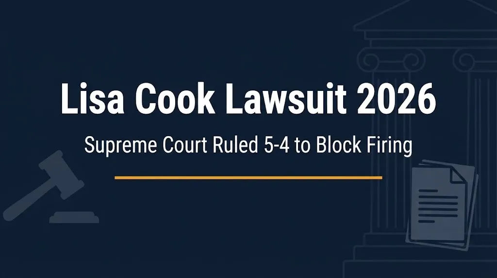 Lisa Cook lawsuit 2026 banner showing Supreme Court 5-4 ruling blocking Fed firing