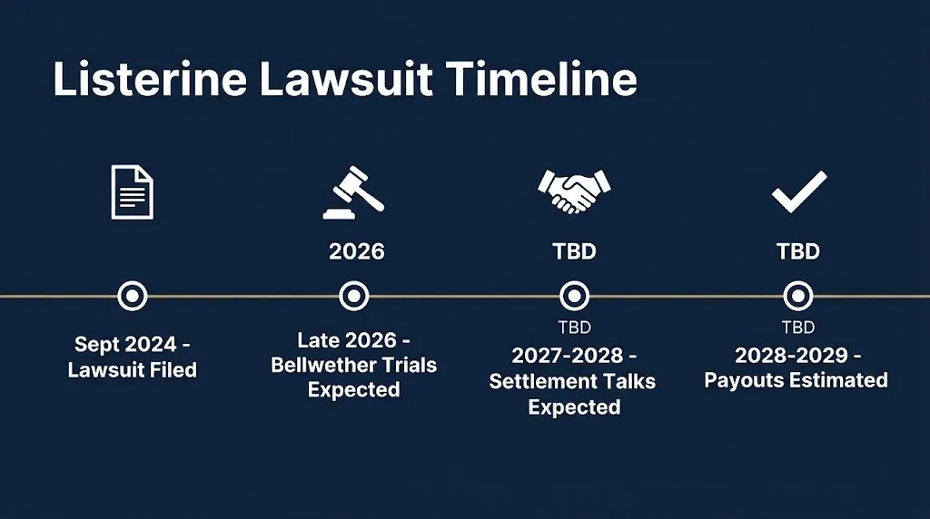 Listerine lawsuit timeline from 2024 filing through expected bellwether trials and settlement phases.
