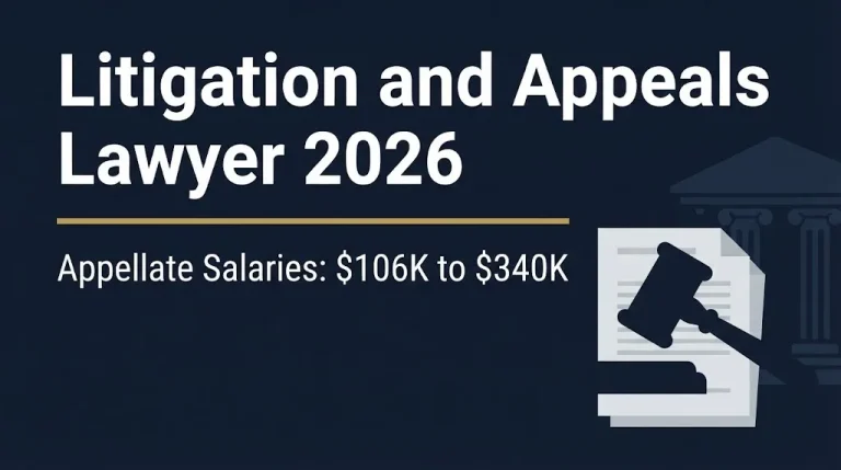Litigation and appeals lawyer 2026 guide with appellate salary range of 106K to 340K.