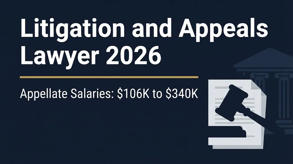Litigation and appeals lawyer 2026 guide with appellate salary range of 106K to 340K.