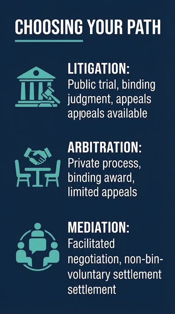 Litigation and dispute resolution comparison graphic showing three dispute resolution methods