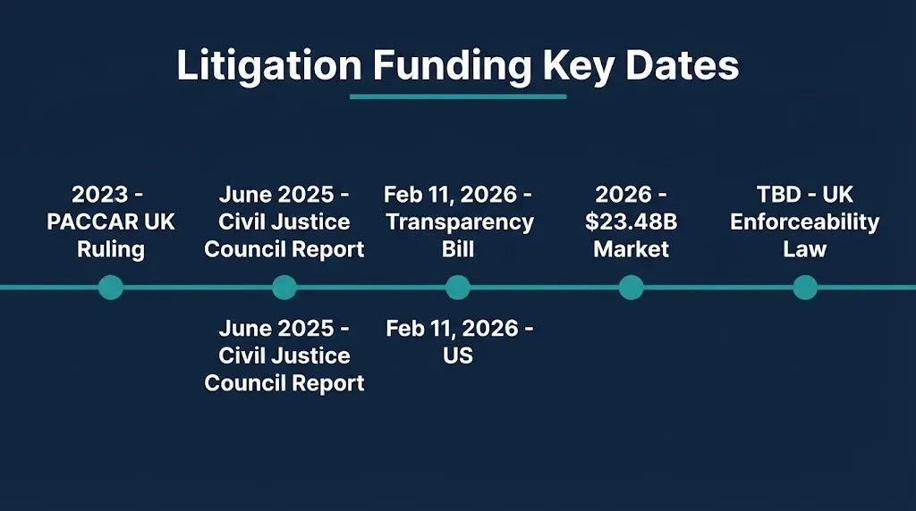 Litigation funding timeline showing 2023 PACCAR ruling and 2026 transparency bill milestones.