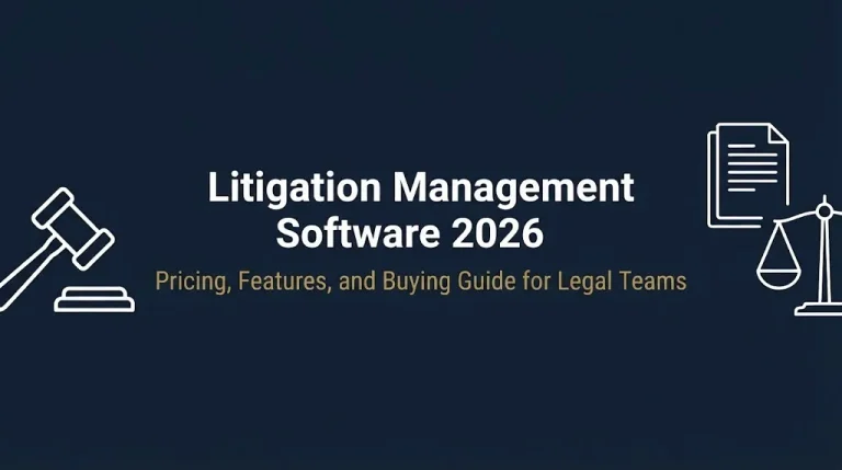 Litigation management software 2026 banner with pricing and buying guide text.
