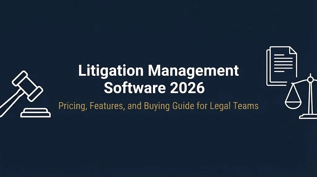 Litigation management software 2026 banner with pricing and buying guide text.