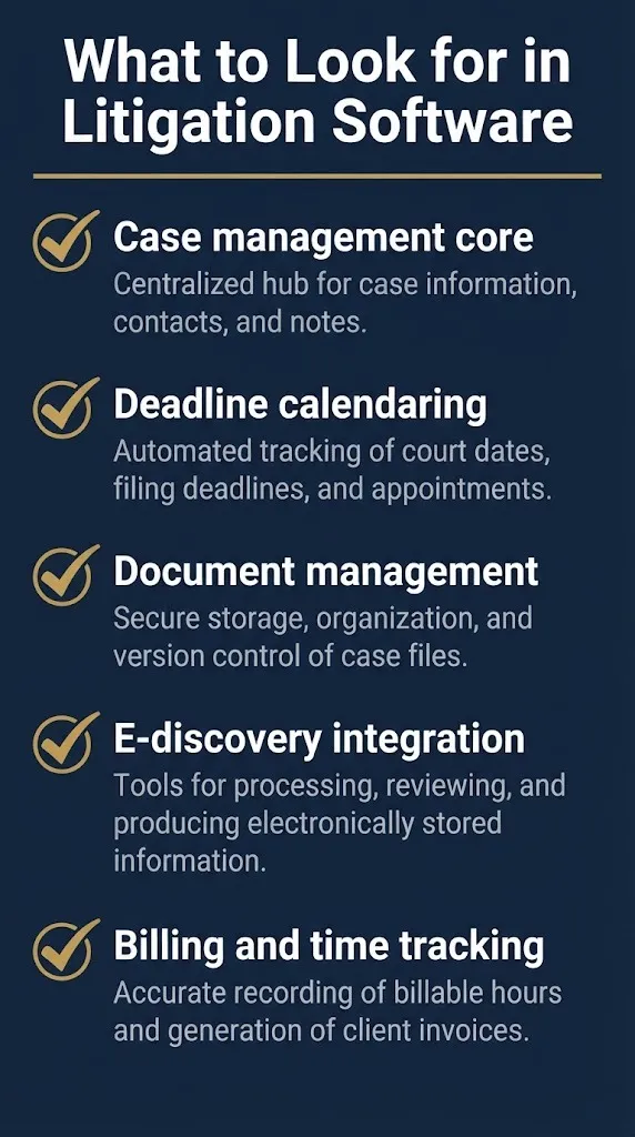 Litigation software feature checklist showing five core capabilities to evaluate.