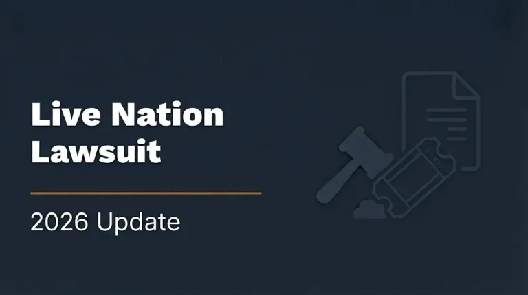 Live Nation lawsuit 2026 update banner with gavel and ticket stub illustration on navy background