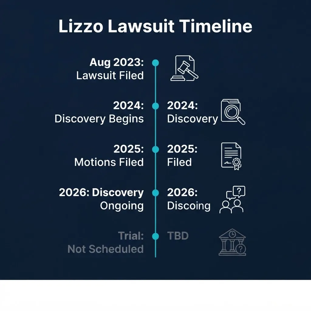 Lizzo lawsuit timeline from 2023 filing through 2026 ongoing discovery with trial date not scheduled.