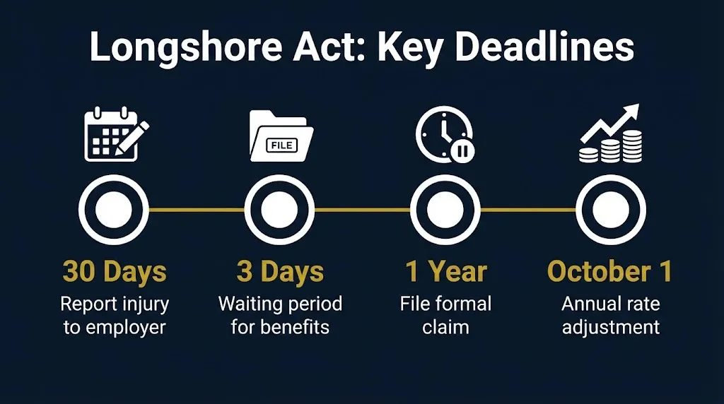 Longshore Act timeline showing 30-day reporting, 1-year filing, and October annual rate adjustment deadlines.