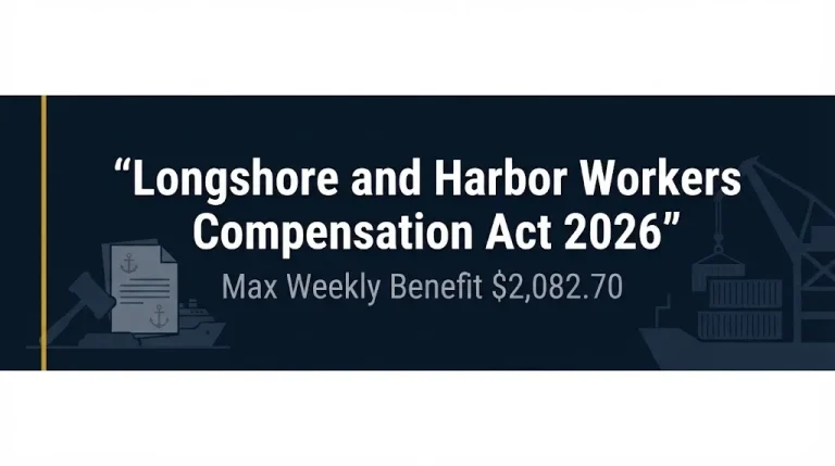 Longshore and Harbor Workers Compensation Act 2026 banner showing $2,082.70 max weekly benefit and legal news design.