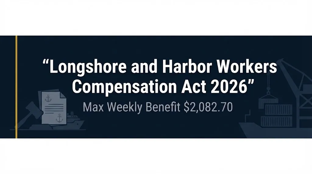 Longshore and Harbor Workers Compensation Act 2026 banner showing $2,082.70 max weekly benefit and legal news design.