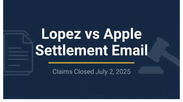 Lopez vs Apple settlement email hero banner with gavel and document icons