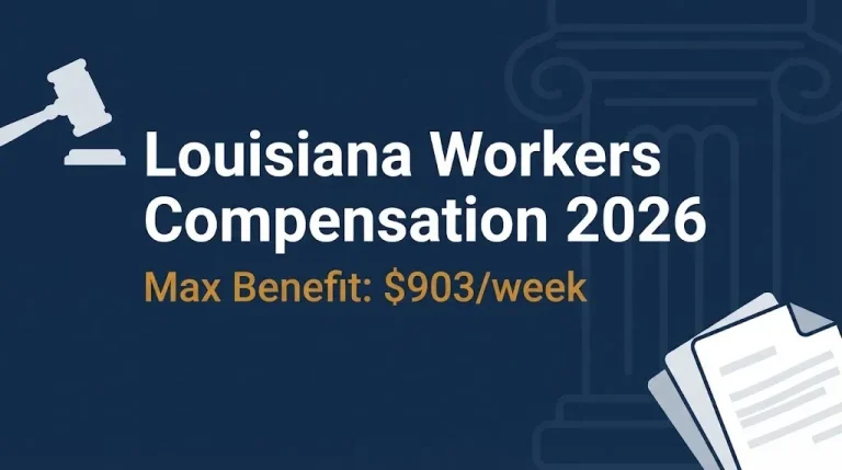 Louisiana workers compensation 2026 banner showing $903 max weekly benefit.