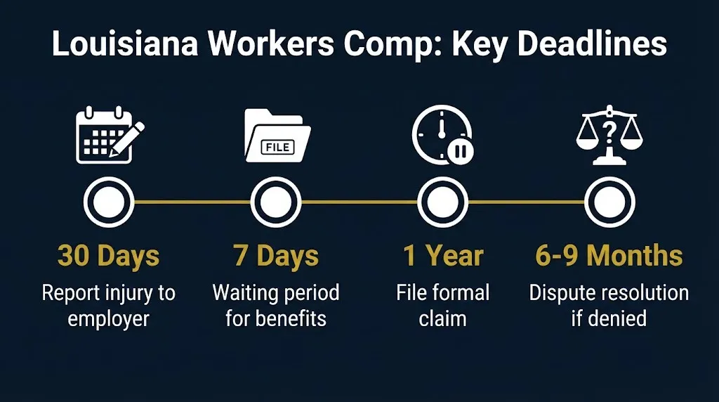 Louisiana workers compensation timeline showing 30-day reporting, 1-year filing, and dispute deadlines.