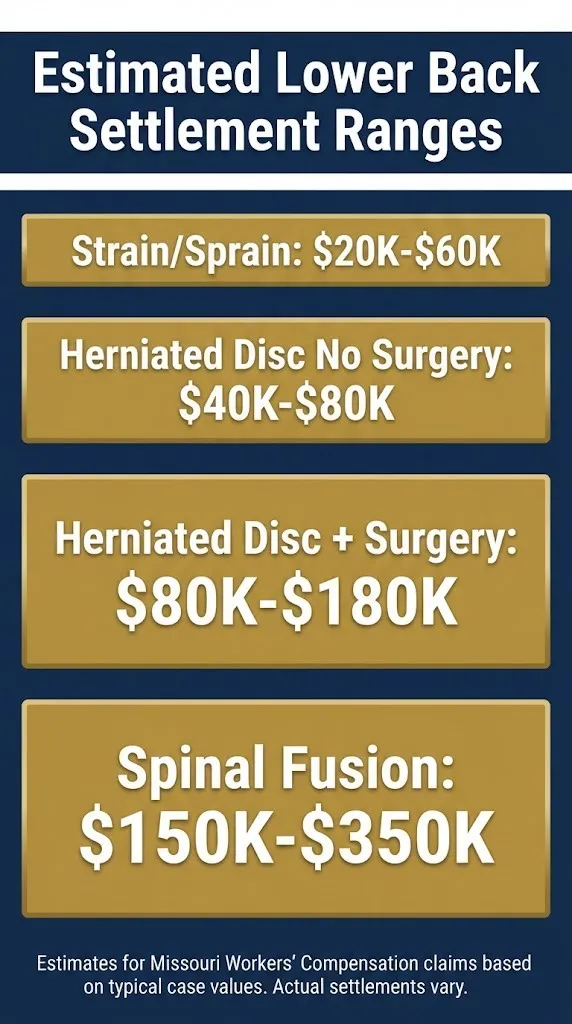 Lower back injury workers compensation settlement ranges by severity for 2026