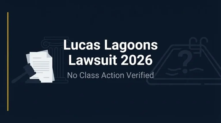 Lucas Lagoons lawsuit 2026 banner showing no class action verified and legal news design.