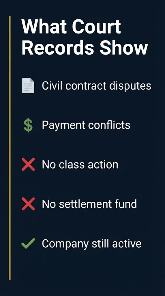 Lucas Lagoons lawsuit fact checklist showing civil disputes, no class action, and active company status.