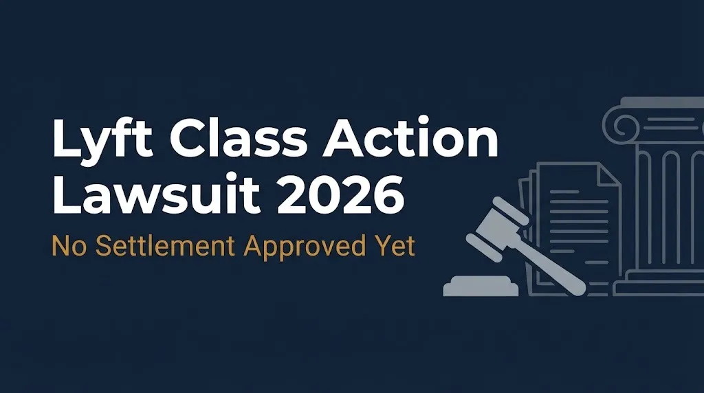 Lyft class action lawsuit 2026 banner showing no settlement approved status with gavel and document graphics.