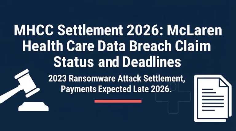 MHCC settlement 2026 status graphic showing McLaren data breach case and expected payment timing.