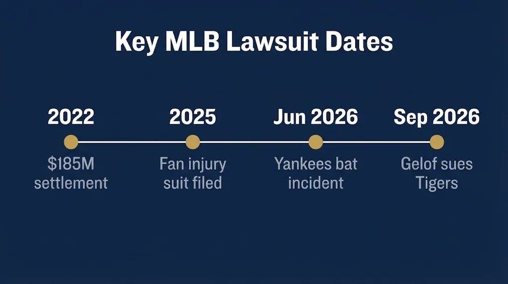 MLB lawsuit timeline showing key dates from 2022 settlement to 2026 cases