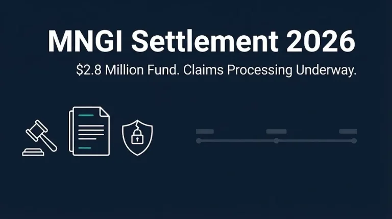MNGI settlement 2026 banner showing $2.8 million fund and claims processing status