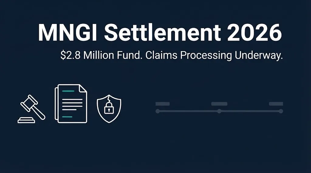 MNGI settlement 2026 banner showing $2.8 million fund and claims processing status