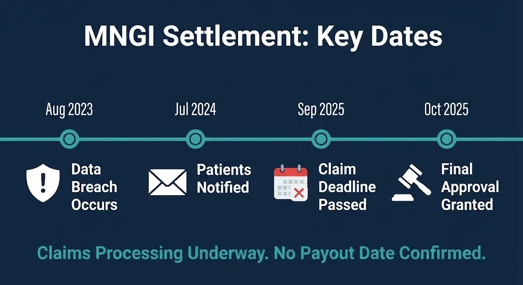MNGI settlement timeline showing data breach, claim deadline, and final approval dates