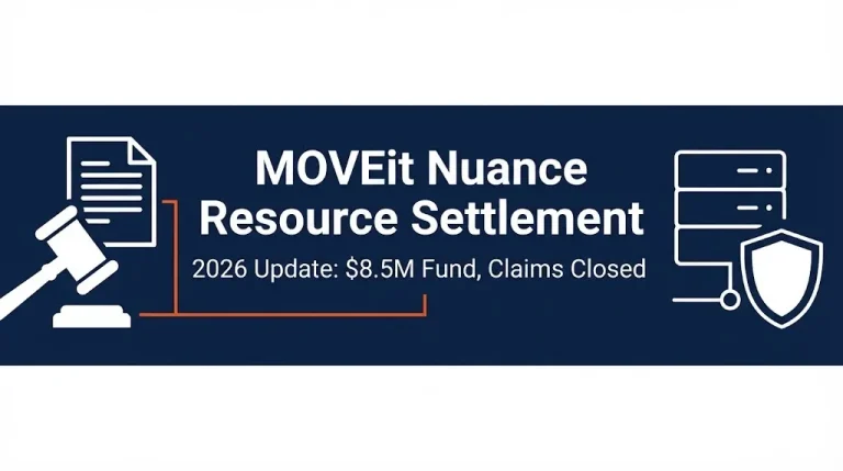 MOVEit Nuance resource settlement 2026 banner with gavel icon and $8.5M fund notice.