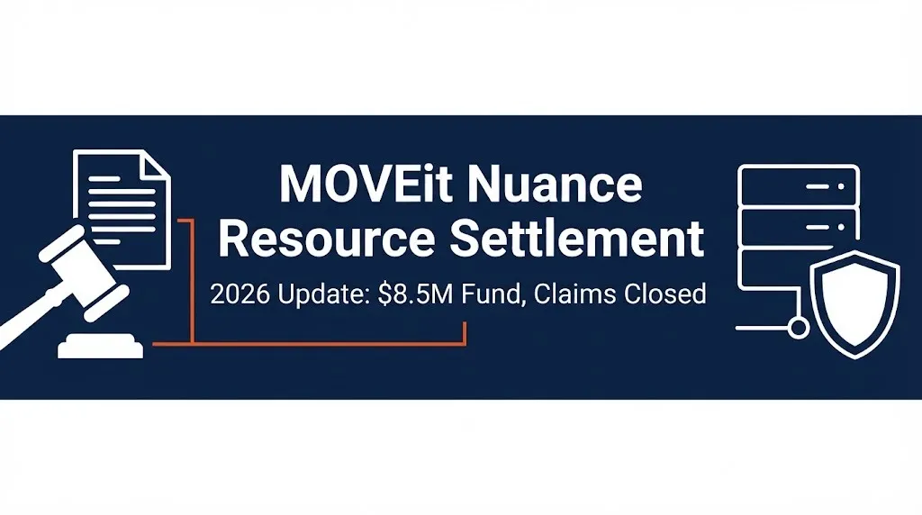 MOVEit Nuance resource settlement 2026 banner with gavel icon and $8.5M fund notice.