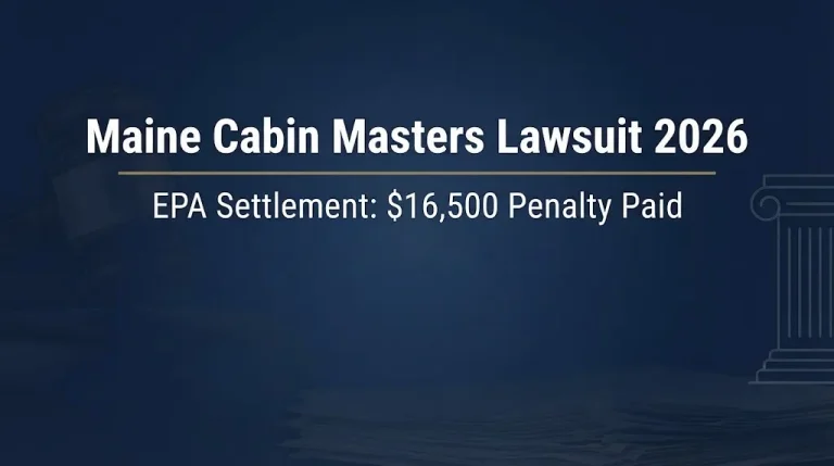 Maine Cabin Masters lawsuit 2026 banner showing EPA settlement with $16,500 penalty paid.