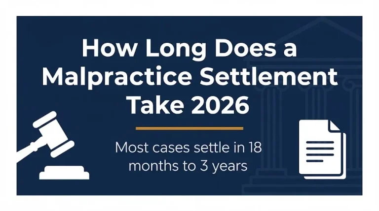 Malpractice settlement timeline 2026 banner showing 18 months to 3 years and legal symbols.