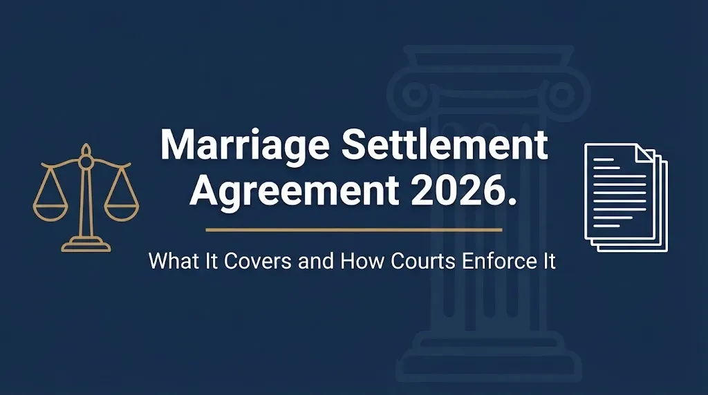 Marriage settlement agreement 2026 guide banner explaining divorce contract basics