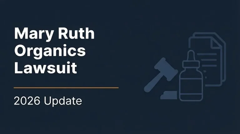 Mary Ruth Organics lawsuit 2026 update banner with gavel and supplement bottle illustration on navy background