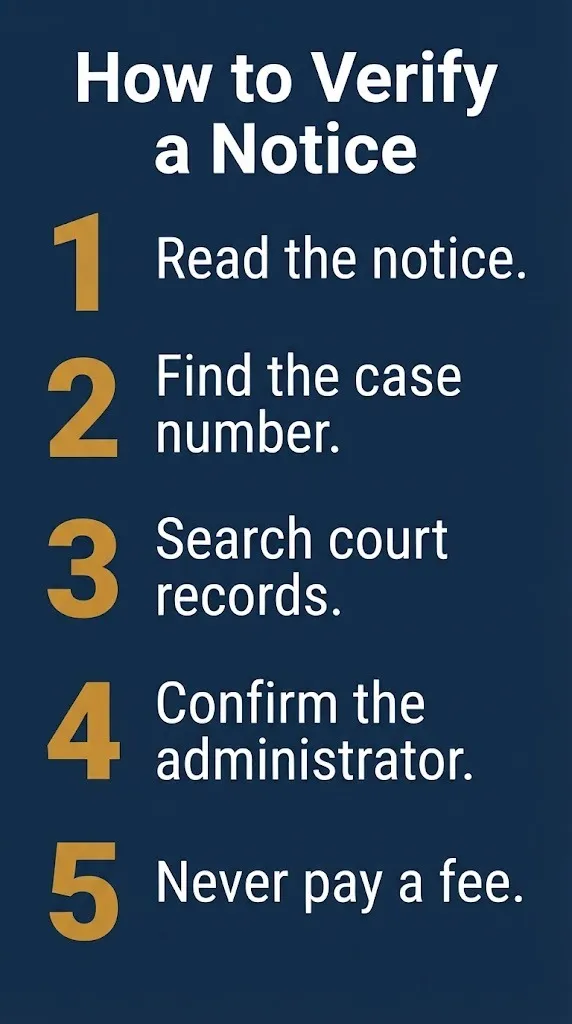 Mary Ruth Organics lawsuit notice verification steps with five actions on navy infographic