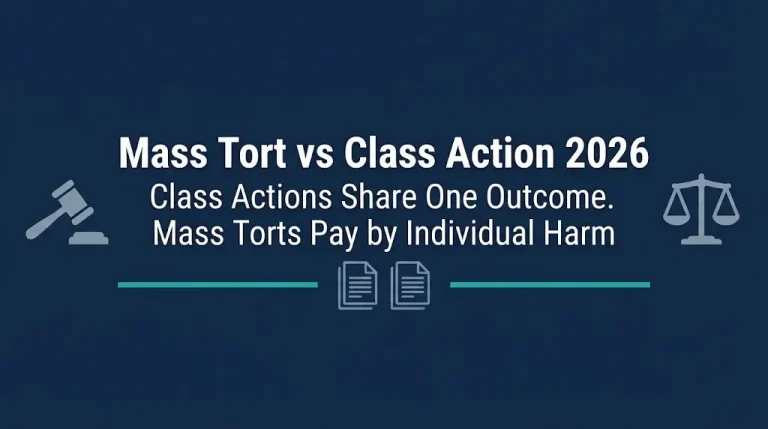 Mass tort vs class action 2026 guide with gavel and document comparison graphics.