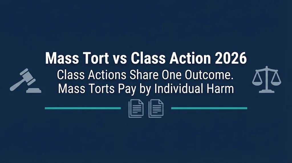 Mass tort vs class action 2026 guide with gavel and document comparison graphics.