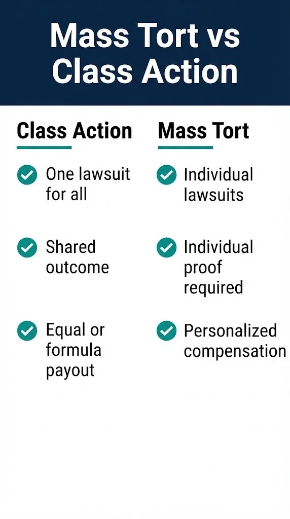 Mass tort vs class action comparison checklist with structure and compensation differences.