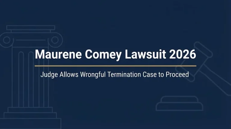 Maurene Comey lawsuit 2026 banner showing judge allowed wrongful termination case to proceed.