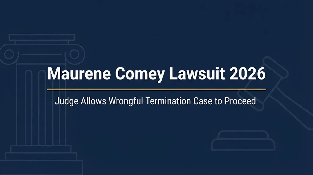 Maurene Comey lawsuit 2026 banner showing judge allowed wrongful termination case to proceed.