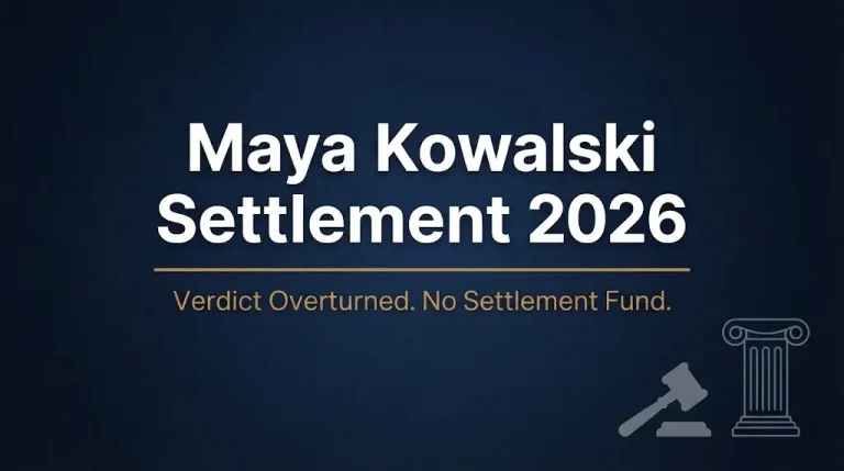 Maya Kowalski settlement 2026 update banner showing verdict overturned and no settlement fund exists.