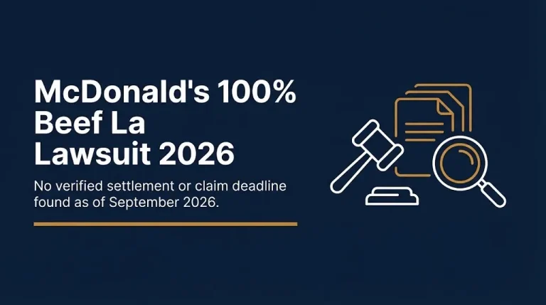 McDonald's 100 percent beef lawsuit 2026 banner with no verified settlement found and legal icons.