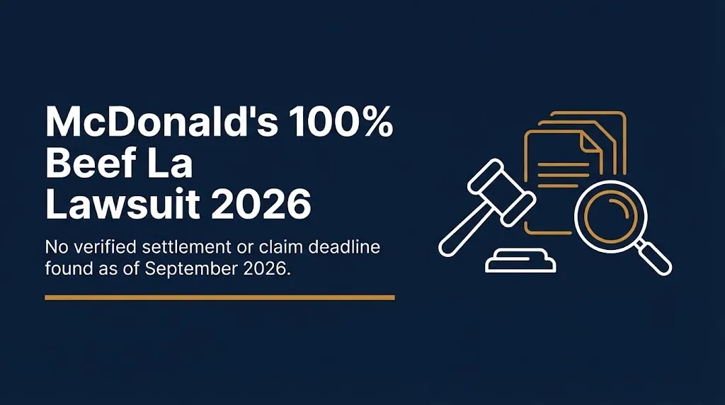McDonald's 100 percent beef lawsuit 2026 banner with no verified settlement found and legal icons.
