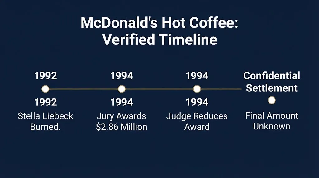 McDonald's hot coffee lawsuit timeline from 1992 burn injury to 1994 confidential settlement.