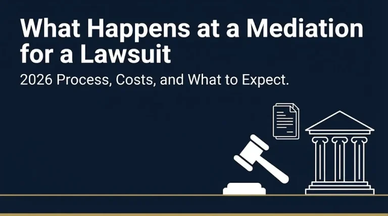 Mediation lawsuit process 2026 hero banner with gavel and courthouse columns on navy background.