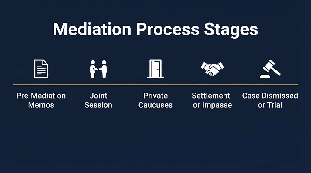 Mediation lawsuit timeline graphic showing five stages from joint session to settlement or trial.