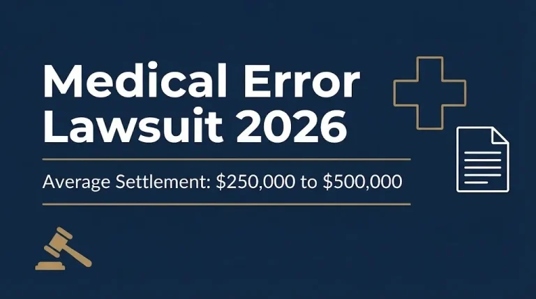Medical error lawsuit 2026 graphic showing average settlement range of $250,000 to $500,000.