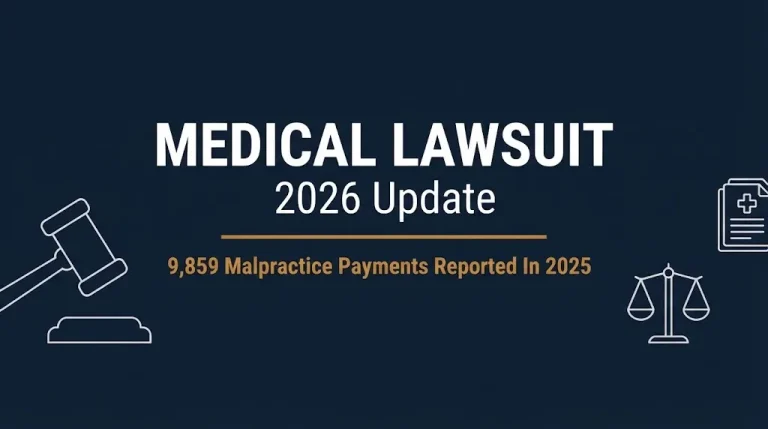 Medical lawsuit 2026 banner showing 9,859 malpractice payment reports filed nationally in 2025.