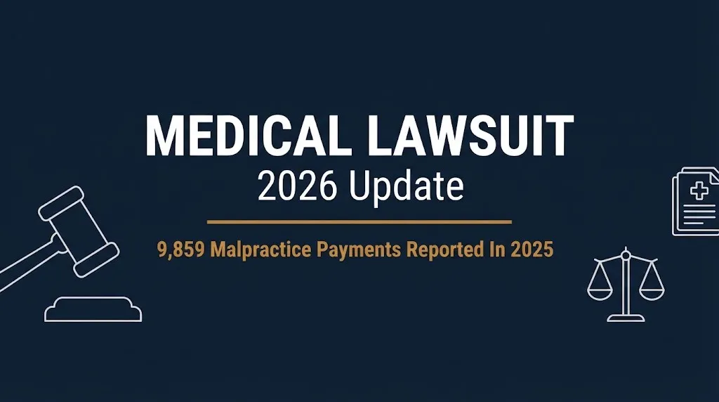 Medical lawsuit 2026 banner showing 9,859 malpractice payment reports filed nationally in 2025.
