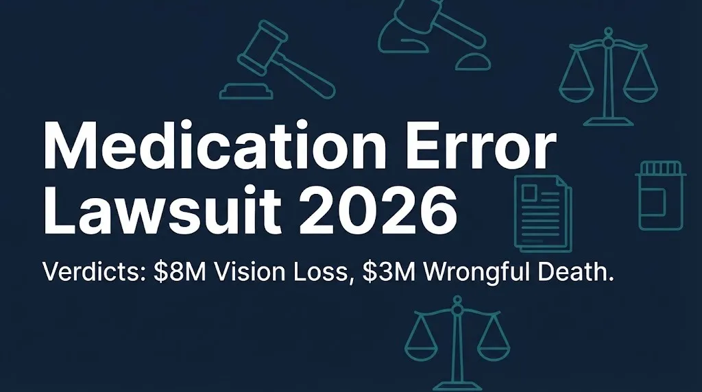 Medication error lawsuit 2026 guide showing $8M and $3M recent verdicts