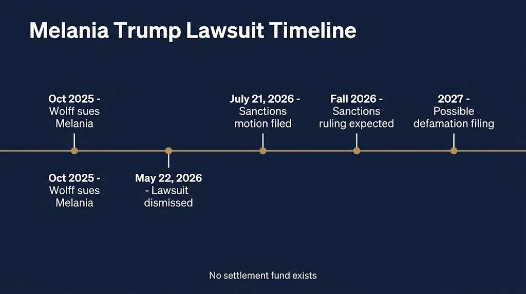Melania Trump lawsuit timeline showing Wolff case milestones from 2025 to 2027.